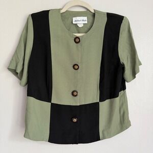 Vintage Michael Blake Colorblock Button Up Blouse Green Womens Size 10
